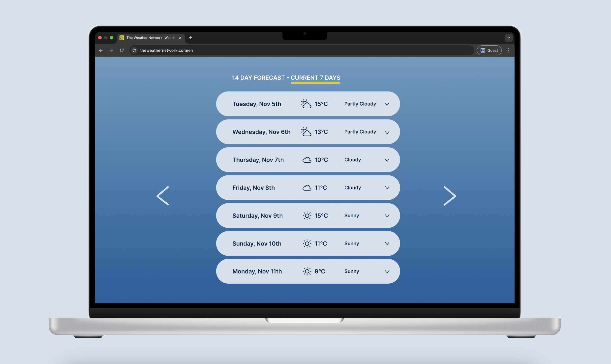 image showing hourly page with 7 day view of weather