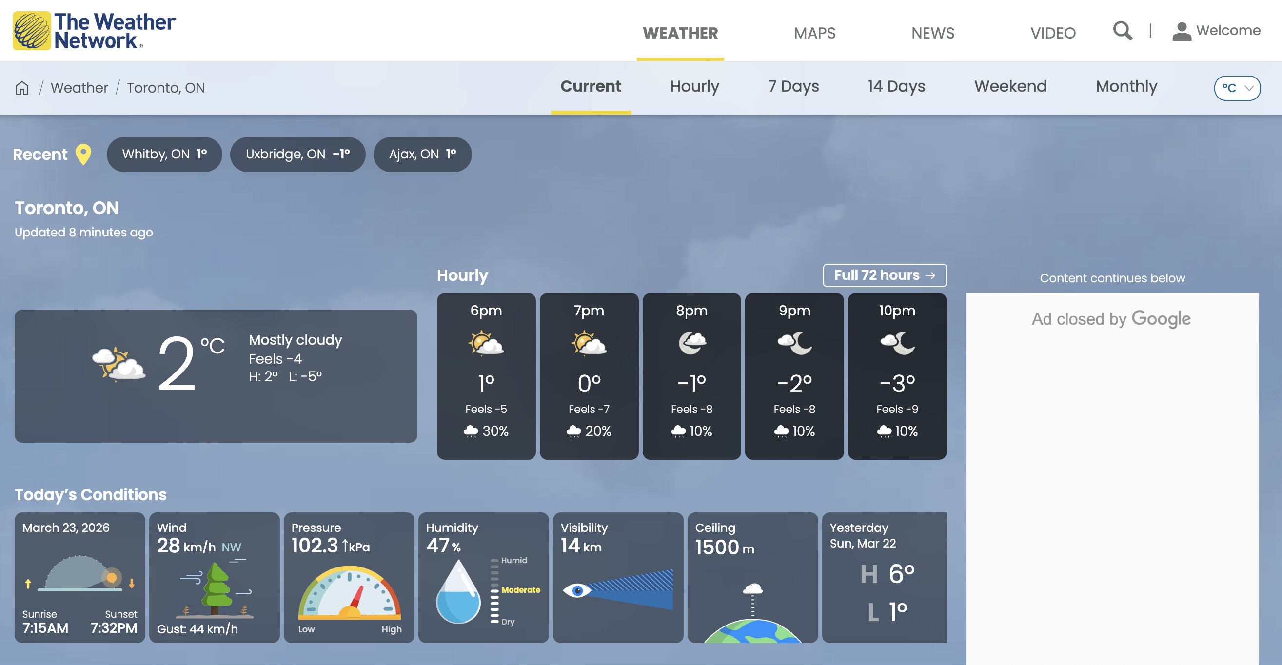 screenshot of current weather network website